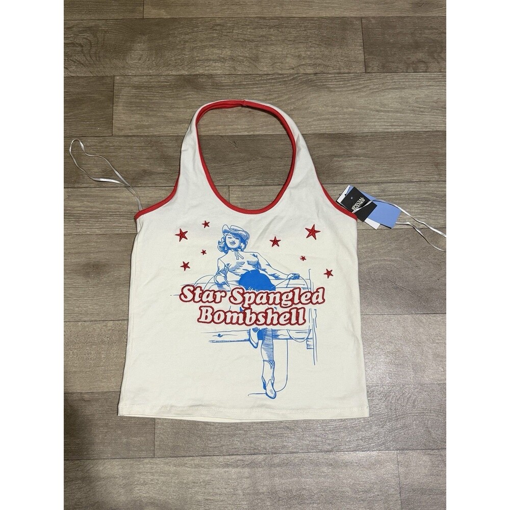Special Thanks Women's Star Spangled Bombshell Halter Graphic Tank Top Size L
